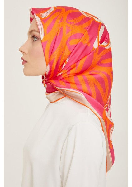 Turuncu - Pembe Çiçek Desen Tivil İpek Eşarp 9123 - 85