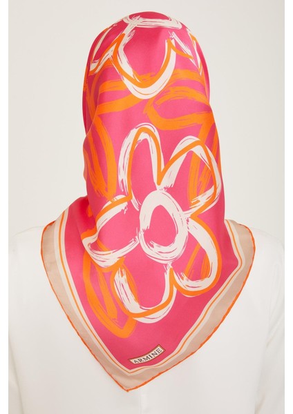 Turuncu - Pembe Çiçek Desen Tivil İpek Eşarp 9123 - 85