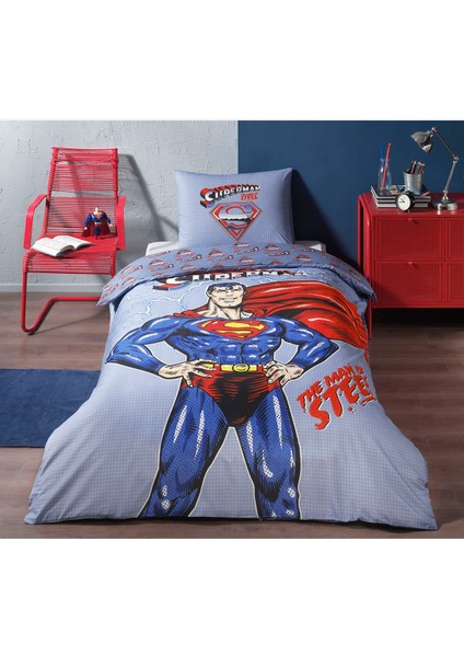 Lisanslı Ranforce Tek Kişilik Nevresim Takımı-Süperman Light Mavi