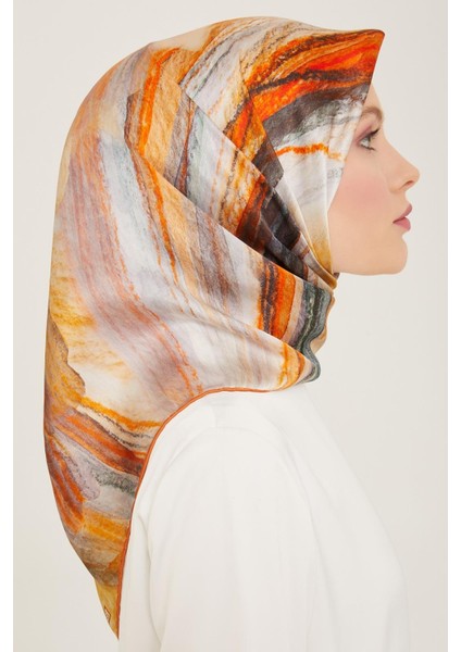 Gri - Turuncu Batik Desen Tivil İpek Eşarp 9102 - 02