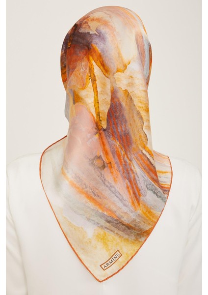 Gri - Turuncu Batik Desen Tivil İpek Eşarp 9102 - 02