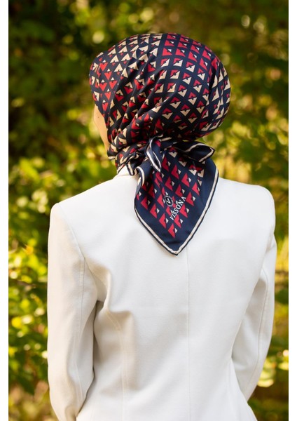 Lacivert Kırmızı Karma Desen Tivil Ipek Eşarp 51809-0033-0017