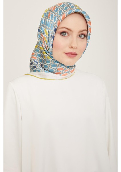 Havacı Mavi - Yağ Yeşil Geometrik Desen Tivil İpek Eşarp 9144 - 85 indirimleri