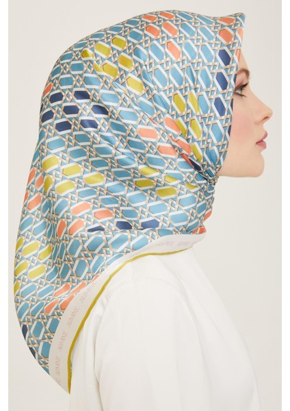 Havacı Mavi - Yağ Yeşil Geometrik Desen Tivil İpek Eşarp 9144 - 85