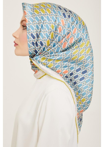 Havacı Mavi - Yağ Yeşil Geometrik Desen Tivil İpek Eşarp 9144 - 85