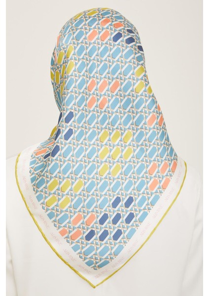 Havacı Mavi - Yağ Yeşil Geometrik Desen Tivil İpek Eşarp 9144 - 85