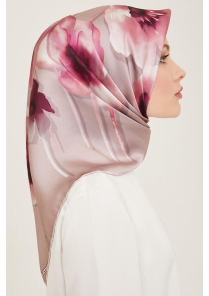 Gül Kurusu Çiçek Desen Tivil İpek Eşarp 9105 - 35