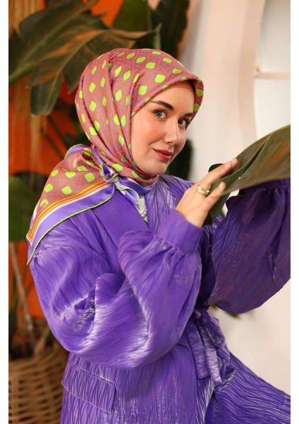 Eflatun Turuncu Karma Desen Tivil Ipek Eşarp 11424-72