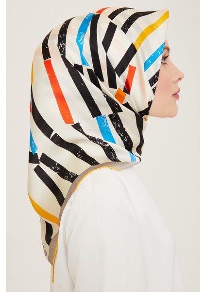 Sarı - Krem Çizgi Desen Tivil İpek Eşarp 9101 - 09