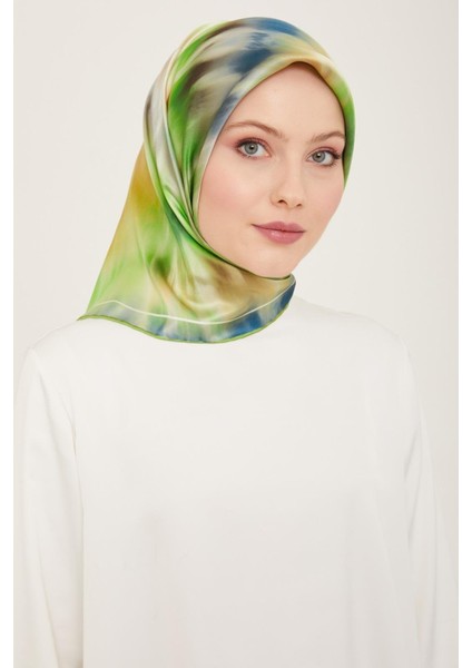 Lacivert Neon Yeşil Batik Desen Tivil İpek Eşarp 9136 - 02