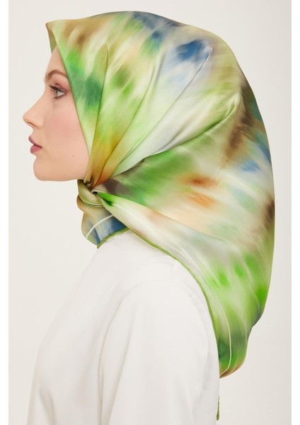 Lacivert Neon Yeşil Batik Desen Tivil İpek Eşarp 9136 - 02 modelleri