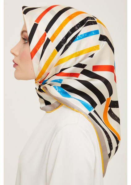 Sarı - Krem Çizgi Desen Tivil İpek Eşarp 9101 - 09