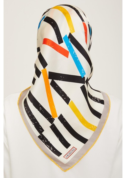 Sarı - Krem Çizgi Desen Tivil İpek Eşarp 9101 - 09