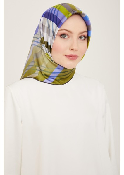 Yeşil - Mavi Çizgi Desen Tivil İpek Eşarp 9107 - 51 indirimleri