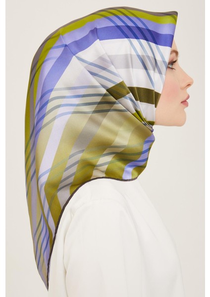 Yeşil - Mavi Çizgi Desen Tivil İpek Eşarp 9107 - 51