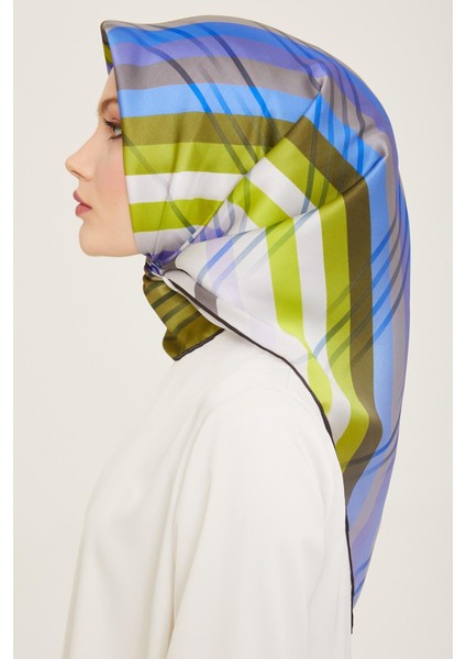 Yeşil - Mavi Çizgi Desen Tivil İpek Eşarp 9107 - 51