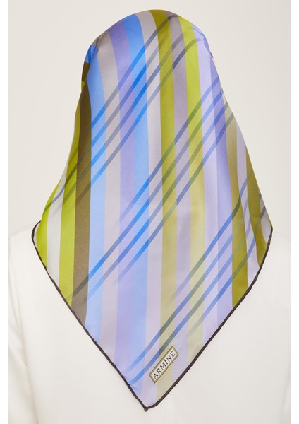 Yeşil - Mavi Çizgi Desen Tivil İpek Eşarp 9107 - 51