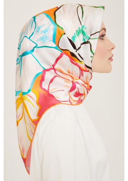 Pembe Çiçek Desen Tivil İpek Eşarp 9110 - 54