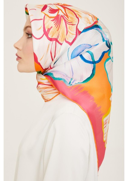 Pembe Çiçek Desen Tivil İpek Eşarp 9110 - 54