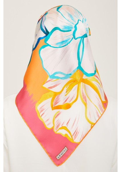 Pembe Çiçek Desen Tivil İpek Eşarp 9110 - 54