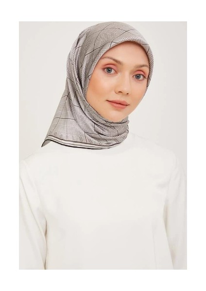 Gri Ekose Desenli Tivil İpek Eşarp 9029 - 11