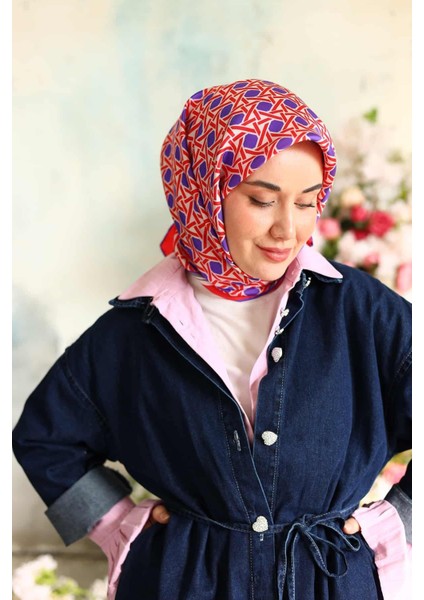 Kırmızı Mor Gri Karma Desen Tivil Ipek Eşarp 11424-74