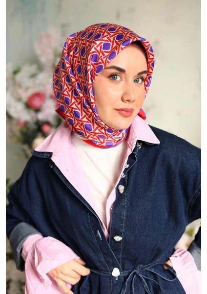 Kırmızı Mor Gri Karma Desen Tivil Ipek Eşarp 11424-74
