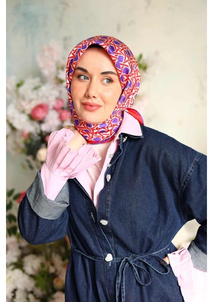 Kırmızı Mor Gri Karma Desen Tivil Ipek Eşarp 11424-74