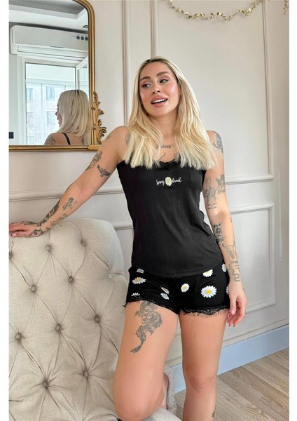 Siyah Spring Break Dantel Detaylı Ip Askı Şortlu Örme Pijama Takımı