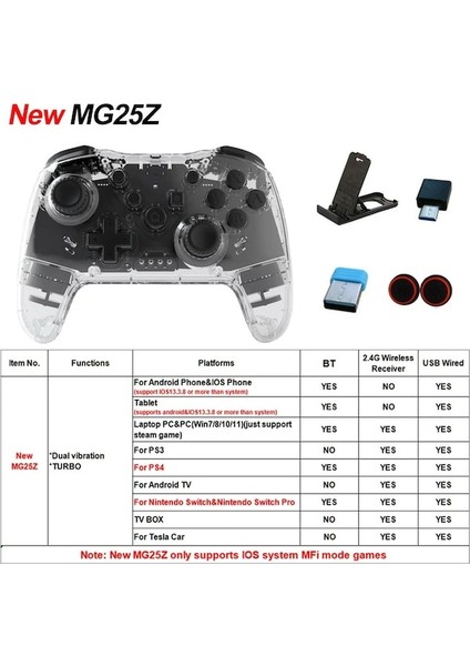 MG25Z-ŞEFFAF Kablosuz Denetleyici Bt Nintendo Anahtarı Pro Pc Ps3 Tv Kutusu Joystick LED Gece Parlayan Gecikmesiz 2.4g Gamepad (Yurt Dışından)