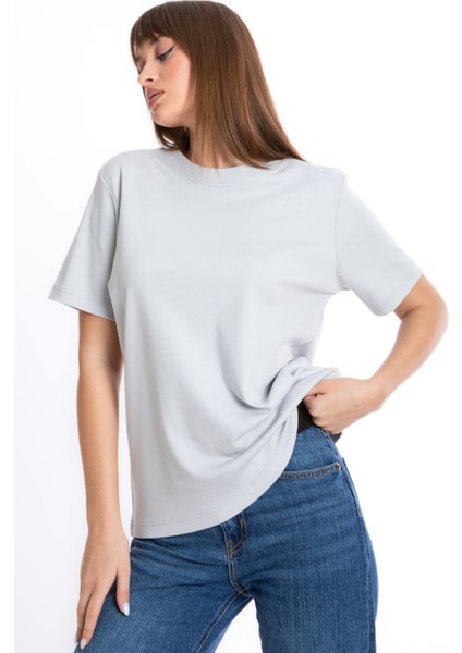Kadın Gri Bisiklet Yaka Kısa Kol Tshirt S-101 modelleri