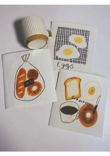 Bej Tarzı 3 Parça Karikatür Baskı Yeniden Kullanılabilir Selüloz Kumaş Silme Pedi Ovma Temizleme Bulaşık Yıkama Mutfak Aksesuarları Biyobozunur Çevre Dostu (Yurt Dışından)