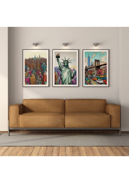 Blue Wall - New York Serisi - 3'lü Çerçevesiz Tasarım Poster Duvar Sanatı