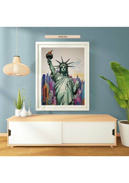 Blue Wall - New York Serisi - Özgürlük Heykeli - Çerçevesiz Tasarım Poster Duvar Sanatı