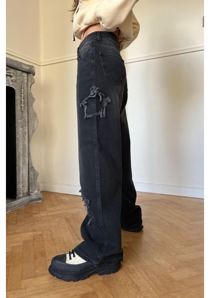 Siyah Yıldız Yamalı Vintage Kot Pantolon