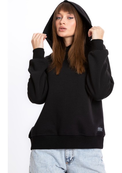 Kadın Siyah Kapüşonlu 3 Iplik Şardonlu Polarlı Reglan Kol SWEATSHIRTS-103
