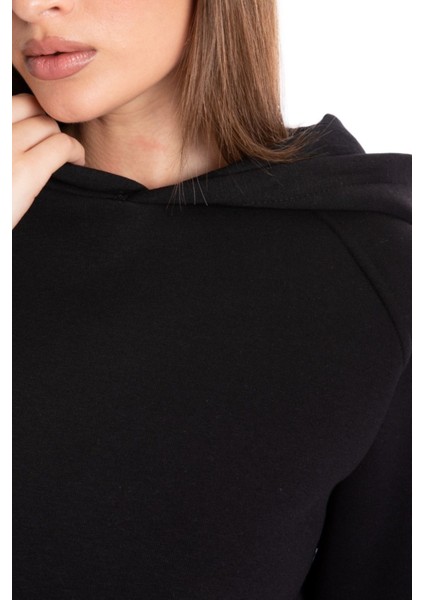 Kadın Siyah Kapüşonlu 3 Iplik Şardonlu Polarlı Reglan Kol SWEATSHIRTS-103