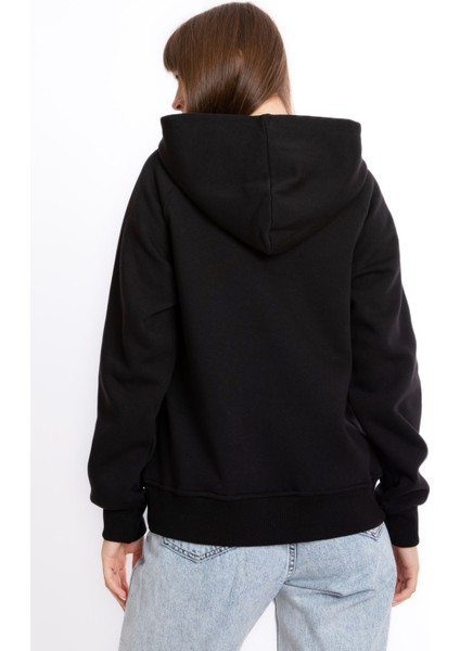 Kadın Siyah Kapüşonlu 3 Iplik Şardonlu Polarlı Reglan Kol SWEATSHIRTS-103