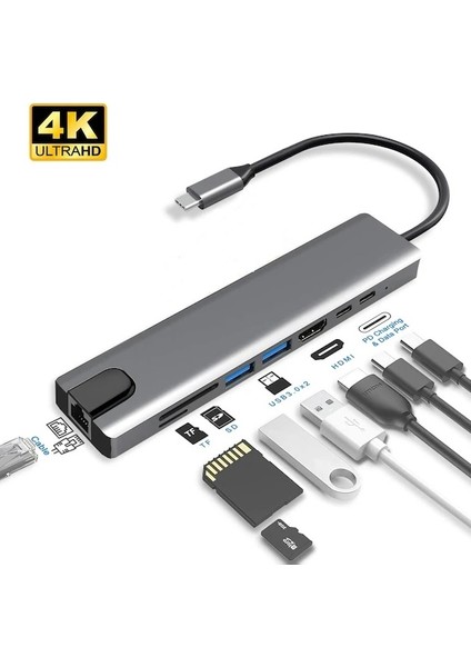 Alfalink AL-C80 Type-C 8in1 Çevirici Adaptör Macbook / Android  Uyumlu 4K HDMI + 2port USB 3.0 + RJ45 Gbit+ Sd Micro Kart