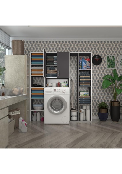 Kenz Life  Çamaşır Makinesi Dolabı Sinemmega Gri 180*156*30 Banyo Kapaklı Arkalıklı Raflı