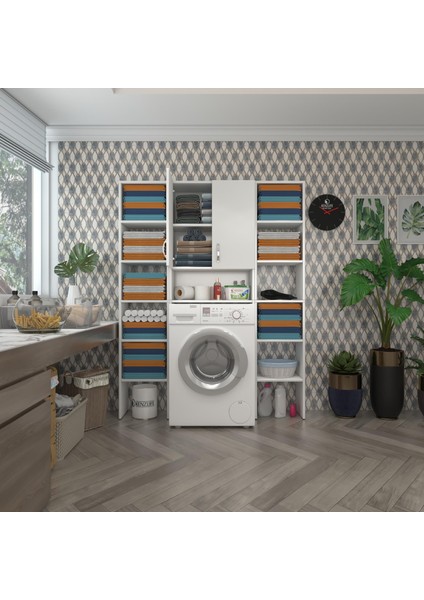 Kenz Life  Çamaşır Makinesi Dolabı Sinemmaksduble Byz 180*126*30 Banyo Kapaklı Arkalıklı Raflı