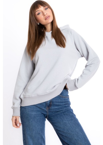 Kadın Gri Kapüşonlu 3 Iplik Şardonsuz Polarsız Reglan Kol Sweatshirt S-104