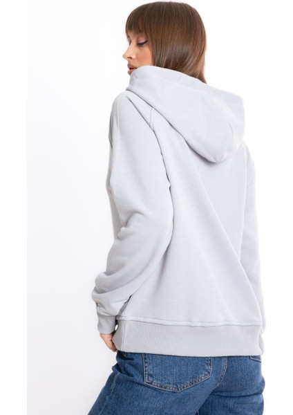 Kadın Gri Kapüşonlu 3 Iplik Şardonsuz Polarsız Reglan Kol Sweatshirt S-104