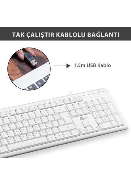 KB101 USB Kablolu Türkçe Q Klavye Beyaz