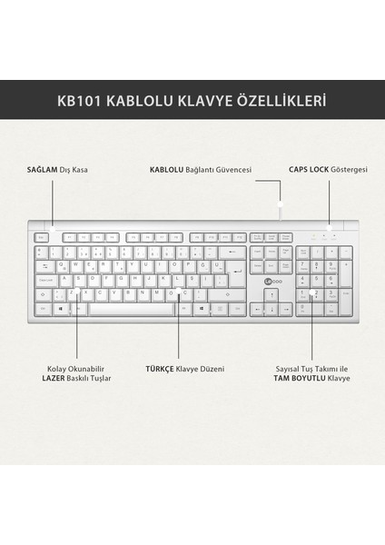 KB101 USB Kablolu Türkçe Q Klavye Beyaz