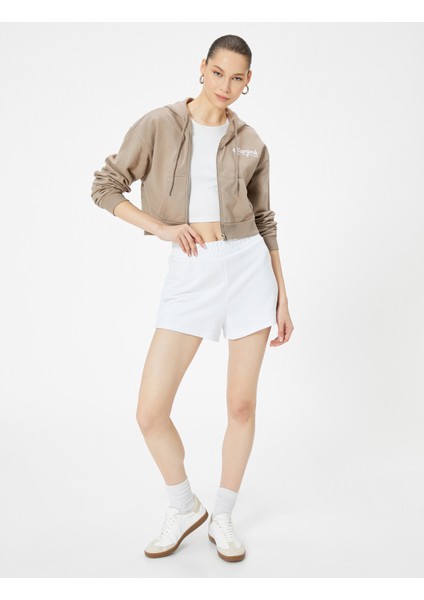 Crop Fermuarlı Sweatshirt Kapüşonlu Cep Detaylı Baskılı Pamuklu fiyatları