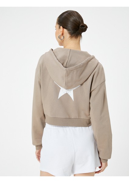 Crop Fermuarlı Sweatshirt Kapüşonlu Cep Detaylı Baskılı Pamuklu fırsatları