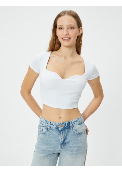 Kalp Yaka Crop Tişört Ribanalı Kısa Kollu Slim Fit