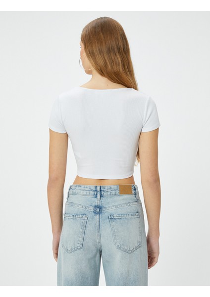 Kalp Yaka Crop Tişört Ribanalı Kısa Kollu Slim Fit fırsatları