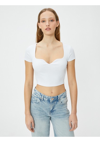 Kalp Yaka Crop Tişört Ribanalı Kısa Kollu Slim Fit